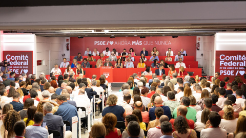 El presidente del Gobierno Pedro Sánchez, durante la reunión del Comité Federal del PSOE, en la sede nacional de la calle Ferraz, a 27 de junio de 2026. El presidente del Gobierno Pedro Sánchez, durante la reunión del Comité Federal del PSOE, en la sede nacional de la calle Ferraz, a 27 de junio de 2026.