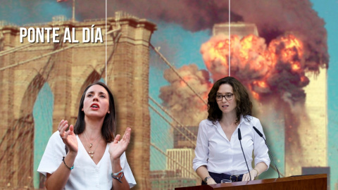 La eurodiputada de Podemos Irene Montero, junto a la presidenta de la Comunidad de Madrid, Isabel Díaz Ayuso, sobre un fondo de los atentados del 11-S en Nueva York. La eurodiputada de Podemos Irene Montero, junto a la presidenta de la Comunidad de Madrid, Isabel Díaz Ayuso, sobre un fondo de los atentados del 11-S en Nueva York.