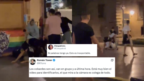 Fotomontaje con fragmentos del vídeo en el que un grupo ultra agrede a dos militantes .
