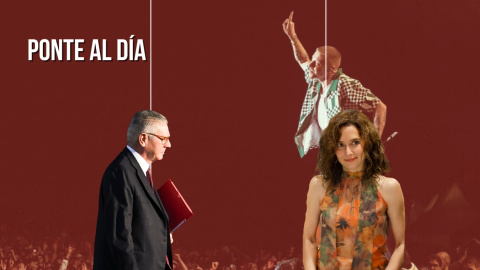 Montaje del exministro de Justicia Alberto Ruíz Gallardón, junto a la presidenta de la CAM, Isabel Díaz Ayuso, sobre un fondo con el rapero propalestino Macklemore.