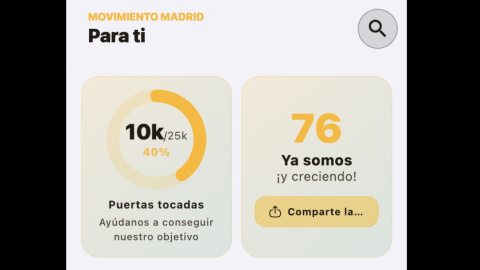 Interfaz de Movimiento Madrid, la nueva 'app' de Más Madrid.