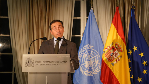 El ministro de Asuntos Exteriores español, José Manuel Albares, en una rueda de prensa en el inicio de la Asamblea General de la ONU, en Nueva York, a 21 de septiembre de 2026. El ministro de Asuntos Exteriores español, José Manuel Albares, en una rueda de prensa en el inicio de la Asamblea General de la ONU, en Nueva York, a 21 de septiembre de 2026.