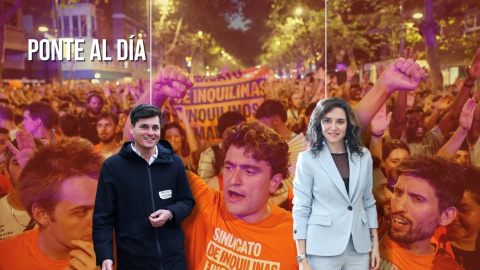 Montaje del agitador ultra Vito Quiles, junto con la presidenta madrileña Isabel Díaz Ayuso, sobre un fondo con las manifestaciones contra el desahucio de Maricarmen. Montaje del agitador ultra Vito Quiles, junto con la presidenta madrileña Isabel Díaz Ayuso, sobre un fondo con las manifestaciones contra el desahucio de Maricarmen.