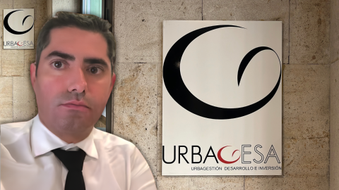 A la izda., imagen de Fernando Alonso incorporada por él mismo a una demanda que presentó contra el Sindicato de Inquilinas en enero de 2026. A la dcha., el logo de Urbagestión en su sede de Madrid, en una imagen tomada el 24 de septiembre de 2026.