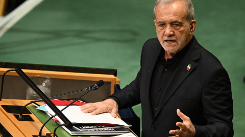 El presidente iraní, Masoud Pezeshkian, en un discurso en la Asamblea de las Naciones Unidas, a 23 de septiembre de 2026. El presidente iraní, Masoud Pezeshkian, en un discurso en la Asamblea de las Naciones Unidas, a 23 de septiembre de 2026.