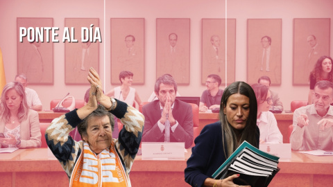 Montaje de la pensionista Maricarmen, junto a la portavoz de Junts, Miriam Nogueras, sobre un fondo con el grupo parlamentario Sumar. Montaje de la pensionista Maricarmen, junto a la portavoz de Junts, Miriam Nogueras, sobre un fondo con el grupo parlamentario Sumar.