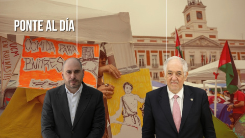 Montaje del ex delegado del Gobierno en Ceuta, Miguel Ángel Pérez Triano, y el presidente del Tribunal Constitucional, Cándido Conde Pumpido, sobre un fondo de las acampadas en la Plaza del Sol.