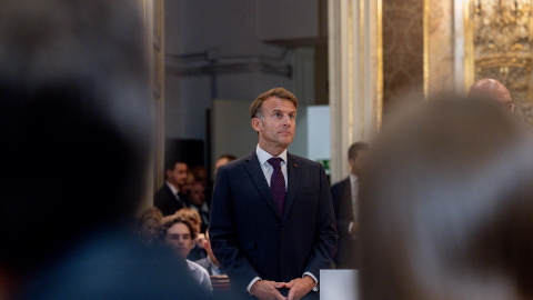 El presidente de la República Francesa, Emmanuel Macron, durante el acto 'La democracia en Europa en la era digital', este martes en Madrid. El presidente de la República Francesa, Emmanuel Macron, durante el acto 'La democracia en Europa en la era digital', este martes en Madrid.
