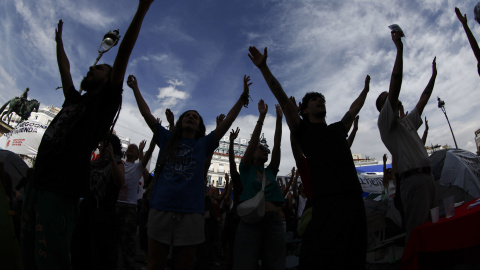Vista de los acampados en protesta por la situación de la vivienda en la Puerta del Sol en Madrid este miércoles. Vista de los acampados en protesta por la situación de la vivienda en la Puerta del Sol en Madrid este miércoles.