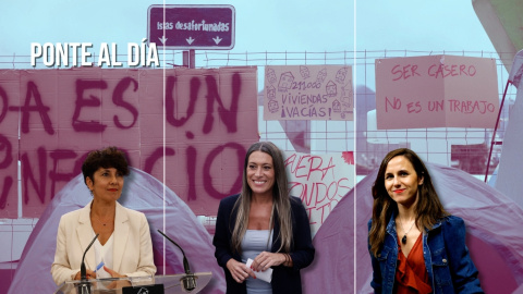 Las portavoces Maribel Vaquero (PNV), Miriam Nogueras (Junts) e Ione Belarra (Podemos) sobre un fondo de las acampadas por la vivienda en la Plaza del Sol de Madrid.