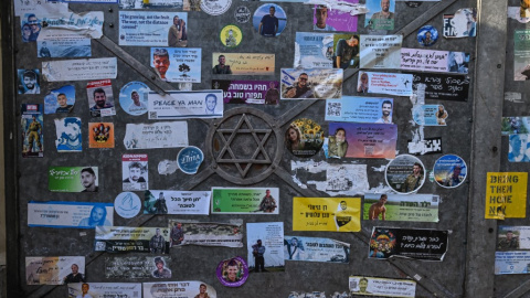 La puerta metálica del JCC de Cracovia llena de fotos y nombres de rehenes israelíes en la víspera del tercer aniversario de los ataques de Hamás del 7O (Polonia) 06.10.26 La puerta metálica del JCC de Cracovia llena de fotos y nombres de rehenes israelíes en la víspera del tercer aniversario de los ataques de Hamás del 7O (Polonia) 06.10.26