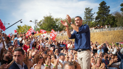 Imagen del secretario general del PSOE y presidente del Gobierno, Pedro Sánchez, en el primer acto de precampaña de las elecciones del 29N.A 10 de octubre de 2026 en Dos Hermanas (Sevilla, Andalucía, España)El acto ha contado también con la presencia de la secretaria general del PSOE-A, María Jesús Montero, y del alcalde de Dos Hermanas y secretario de Organización del PSOE-A, Francisco RodríguezMaría José López / Europa Press10/10/2026