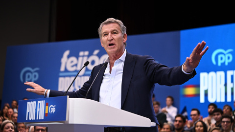 El líder del Partido Popular (PP), Alberto Núñez-Feijóo, participa en un acto de precampaña del partido en Madrid, este sábado.