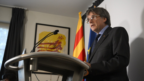 El presidente de Junts per Catalunya, Carles Puigdemont, realiza una declaración desde Waterloo.