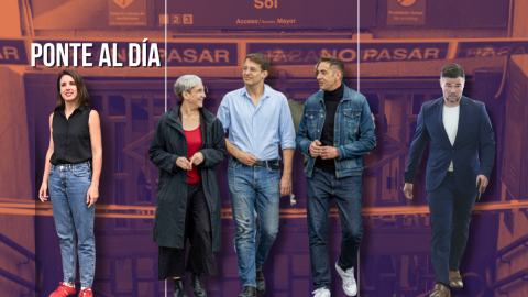 Fotomontaje con las imágenes de Irene Montero, Ada Colau, Jorge Pueyo, Emilio Delgado y Gabriel Rufián.