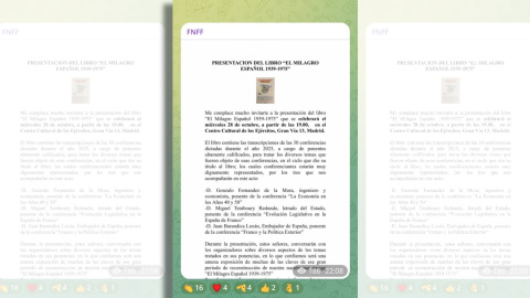 Telegram FNFF Invitación al evento del próximo 28 de octubre en el Centro Cultural de los Ejércitos publicada en el canal en Telegram de la Fundación Nacional Francisco Franco.