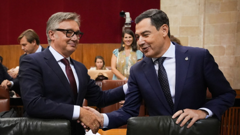 El presidente de la Junta de Andalucía, Juanma Moreno, junto al vicepresidente segundo Manuel Gavira.