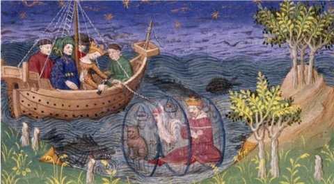 Alejandro Magno en su ‘submarino’. British Library, Royal MS 15 E. vi f. 20v, Author provided