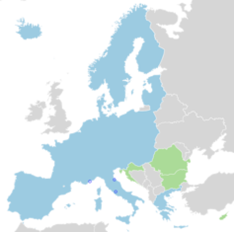 Espacio Schengen. En azul los países miembros del espacio. En verde, los países obligados a adherirse. Wikimedia Commons, CC BY-SA