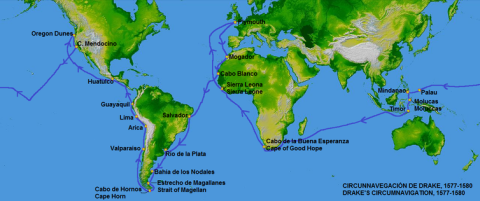 Mapa que muestra el viaje de circunnavegación de Francis Drake entre 1577 y 1580. Continentalis/Wikimedia Commons, CC BY-SA Mapa que muestra el viaje de circunnavegación de Francis Drake entre 1577 y 1580. Continentalis/Wikimedia Commons, CC BY-SA