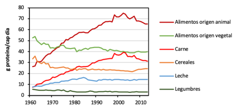Evolución del consumo de algunos tipos de alimentos en España, expresado en gramos de proteína por persona y día (1961-2013) FAOSTAT (FAO 2019), Author provided (No reuse) Evolución del consumo de algunos tipos de alimentos en España, expresado en gramos de proteína por persona y día (1961-2013) FAOSTAT (FAO 2019), Author provided (No reuse)