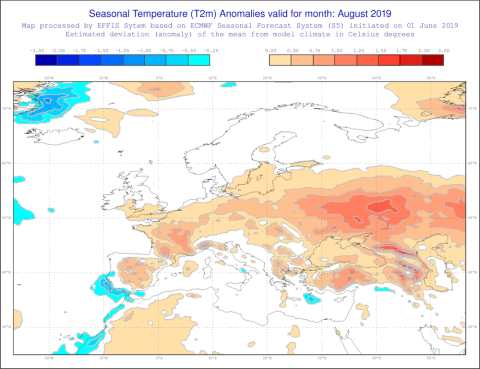 Anomalías estacionales de la temperatura previstas para agosto. EFFIS