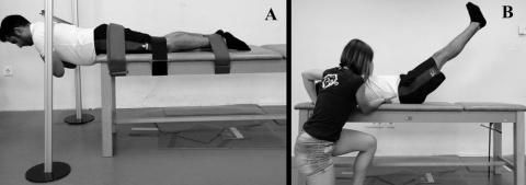 Figura 2. Test de resistencia de extensores de tronco o Biering-Sorensen test (A) y test de control lumbo-pélvico o double leg lowering test (B). Laboratorio de Biomecánica y Salud, Author provided Figura 2. Test de resistencia de extensores de tronco o Biering-Sorensen test (A) y test de control lumbo-pélvico o double leg lowering test (B). Laboratorio de Biomecánica y Salud, Author provided