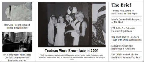 Información de 'Time' sobre la fiesta de 2001 en la que Justin Trudeau, ahora primer ministro de Canadá, participó con la cara pintada de negro y vestido de árabe.