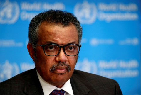 El director general de la Organización Mundial de la Salud (OMS, ó WHO en sus siglas en inglés), Tedros Adhanom Ghebreyesus, en una rueda de prensa en la sede del organismo, en Ginebra (Suiza). REUTERS/Denis Balibouse