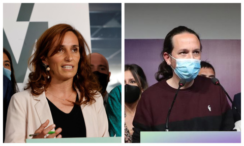 A la izquierda, Mónica García, candidata de Más Madrid, tras conocer los resultados electorales. A la derecha, Pablo Iglesias, en su comparecencia ante la prensa.- IMÁGENES DE EFE Mónica García y Pablo Iglesias