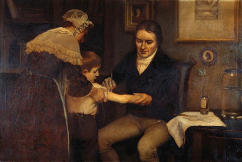 Edward Jenner realizando su primera vacunación en James Phipps, un niño de 8 años (14 de mayo de 1796). Wikimedia Commons