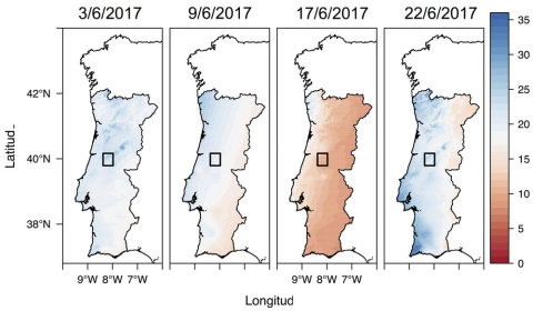 El 17 de junio de 2017 hubo en Pedrogao Grande un incendio que dejó fallecidos. La figura muestra la evolución del riesgo de incendios usando un índice de humedad del combustible (en %) desarrollado en Lleida. Boer et al., 2017. 'Changing weather extr El 17 de junio de 2017 hubo en Pedrogao Grande un incendio que dejó fallecidos. La figura muestra la evolución del riesgo de incendios usando un índice de humedad del combustible (en %) desarrollado en Lleida. Boer et al., 2017. 'Changing weather extre