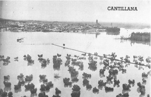 Llanura de inundación en la confluencia del río Viar y el paleocauce del Guadalquivir de Cantillana durante la crecida acontecida en el año 1963. Anónimo (Ayuntamiento Cantillana, 1990)
Llanura de inundación en la confluencia del río Viar y el paleocauce del Guadalquivir de Cantillana durante la crecida acontecida en el año 1963. Anónimo (Ayuntamiento Cantillana, 1990)