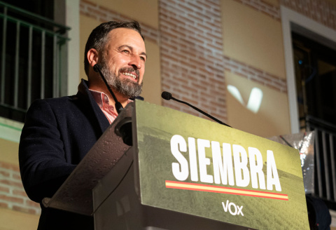  El presidente de Vox, Santiago Abascal, valora los resultados obtenidos por su formación en los comicios para Castilla y León durante la noche electoral del 13F en el Hotel Palacio Santa Ana, a 13 de febrero de 2022, en Valladolid, Castilla y León (Es