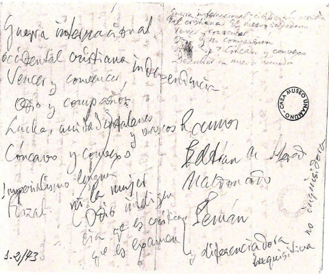 Revés de la carta de Enriqueta Carbonell a Miguel de Unamuno en el que escribió las notas para su intervención en el Paraninfo de la Universidad de Salamanca el 12 de octubre de 1936, entre las que figuran ‘Vencer y convencer’. Casa-Museo Unamuno Revés de la carta de Enriqueta Carbonell a Miguel de Unamuno en el que escribió las notas para su intervención en el Paraninfo de la Universidad de Salamanca el 12 de octubre de 1936, entre las que figuran ‘Vencer y convencer’. Casa-Museo Unamuno -