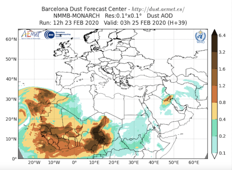 
 Predicciones del contenido de polvo en la atmósfera para el Norte de África, Oriente Medio y Europa del 23 de febrero de 2020. AEMET - Barcelona Dust Forecast Center
Implicaciones para la salud