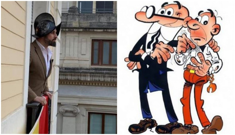  A la izquierda, una imagen de Santiago Abascal. A la derecha, Mortadelo y Filemón.
