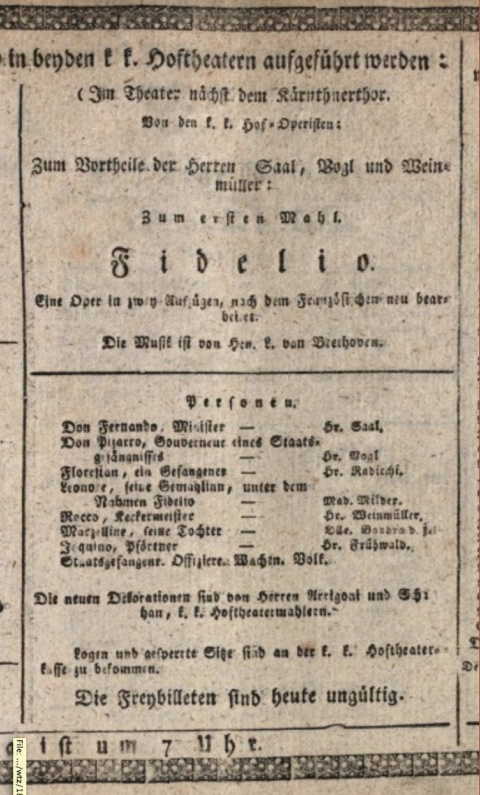 Programa de mano del estreno de la versión definitiva de Fidelio en el Kärntnertortheater de Viena el 23 de mayo de 1814 con dirección del propio Beethoven. Wikimedia Commons