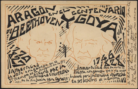 Tarjeta conmemorativa del centenario de Goya y Beethoven, con los rostros de ambos creadores, obra de Ramón Acín, 1928. Fundación Ramón y Katia Acín