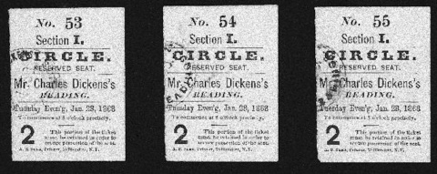 Entradas para lecturas públicas de Dickens en Nueva York, 1868. Charles Dickens Museum Le salió bien, pues se estima que ganó casi 20.000 libras.
Entradas para lecturas públicas de Dickens en Nueva York, 1868. Charles Dickens Museum Le salió bien, pues se estima que ganó casi 20.000 libras.