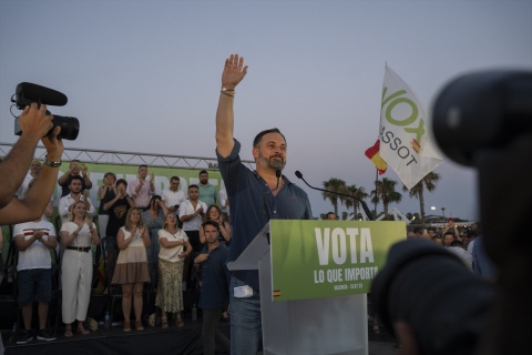 El líder de Vox, Santiago Abascal, durante un acto público, en las Gradas Norte La Marina, a 13 de julio de 2023, en Valencia, Comunidad Valenciana (España). Jorge Gil / Europa Press El líder de Vox, Santiago Abascal, durante un acto público, en las Gradas Norte La Marina, a 13 de julio de 2023, en Valencia, Comunidad Valenciana (España). Jorge Gil / Europa Press