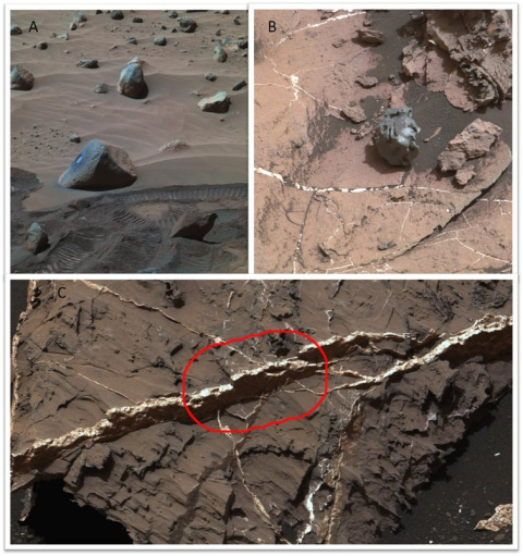 Rocas de fosfato (A), meteoritos de hierro (B) y vetas con sulfatos (C) encontrados en Marte por el rover Curiosity. Todos juntos son ingredientes para el origen de la vida. - NASA/JPL-Caltech/LANL/CNES/IRAP/LPGNantes/CNRS/IAS/MSSS Rocas de fosfato (A), meteoritos de hierro (B) y vetas con sulfatos (C) encontrados en Marte por el rover Curiosity. Todos juntos son ingredientes para el origen de la vida
