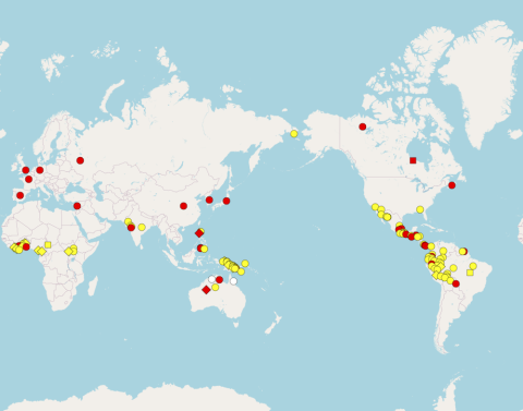  El mapa muestra la lexicalización de los colores azul y verde. The World Atlas of Language Structures (WALS)