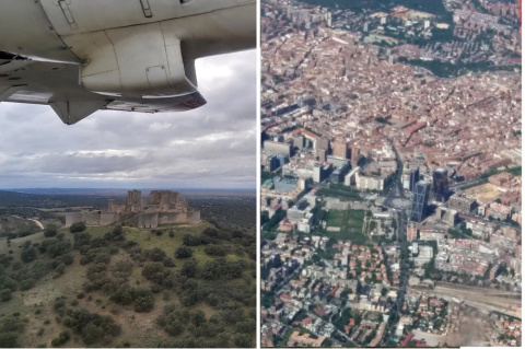 Imágenes tomadas desde el avión de muestreo: vuelo sobre Puebla de Almenara (Cuenca) y sobre el centro de Madrid. Author provided Imágenes tomadas desde el avión de muestreo: vuelo sobre Puebla de Almenara (Cuenca) y sobre el centro de Madrid. Author provided