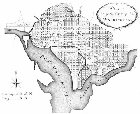 Plan de L'Enfant para Washington, revisado por Andrew Ellicott. Wikimedia Commons / Library of Congress
