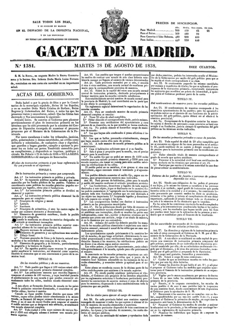 La Gaceta de Madrid del 28 de agosto de 1838 que publica la Ley de Primera Enseñanza.