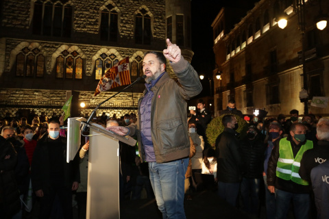El presidente de Vox, Santiago Abascal, en un mitin de precampaña en la Plaza de San Marcelo, en León. E.P./Secundino Pérez
