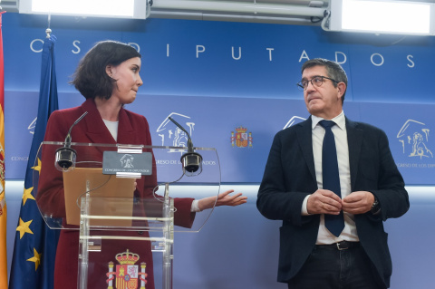 El portavoz del PSOE en el Congreso de los Diputados, Patxi López (d), y la secretaria de Igualdad en la Comisión Ejecutiva Federal del PSOE, Andrea Fernández (i), durante una rueda de prensa después de registrar su proposición de ley para la reforma