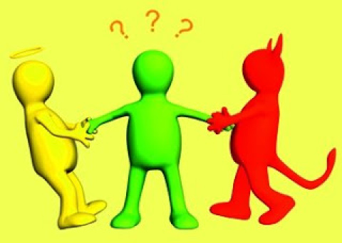 3d devil and angel pulling person for hands