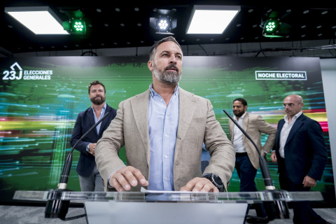  El candidato de Vox a la Presidencia del Gobierno de España, Santiago Abascal (c), durante el seguimiento de la jornada electoral de los comicios generales en la sede de Vox, a 23 de julio de 2023, en Madrid (España). A. Pérez Meca / Europa Press